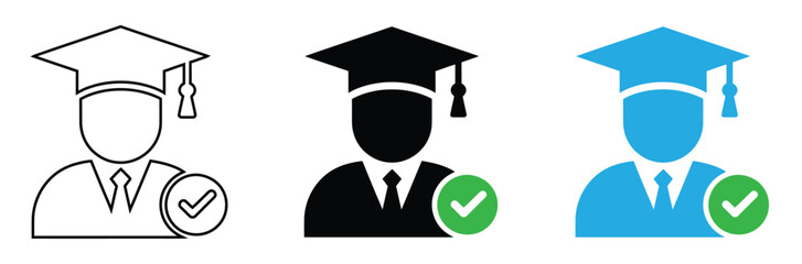 Graduation icons with check marks for education and certification,Graduation cap icon set. Line and glyph graduation hat. Mortarboard collection