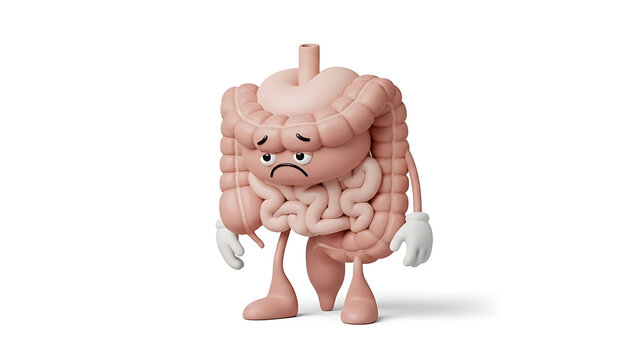 Sad 3D Cartoon Intestine Character Illustrating Digestive Issues