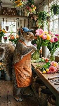 Squirrel Flower Shop Arranging Bouquet - Orange Apron Blue Cap Colorful