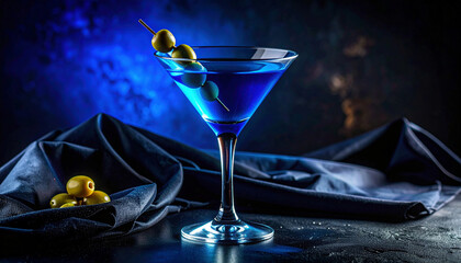 Blue cocktail in a clear glass with olives on a stick sits on a dark table with blue lights shining in the background