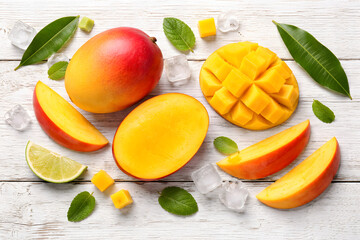 A vibrant display of fresh mango slices and ice cubes on a rustic wooden table