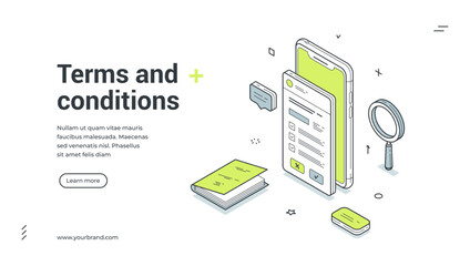 Obraz na płótnie Canvas Isometric web banner for terms and conditions. Vector illustration template with smartphone and legal document. Modern landing page for user agreement, privacy policy and contract rules