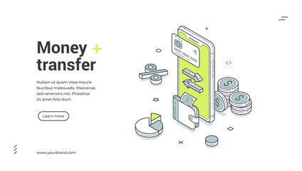 Isometric web banner for money transfer and online payment. Vector illustration template with smartphone, credit card and wallet for mobile banking and financial transaction