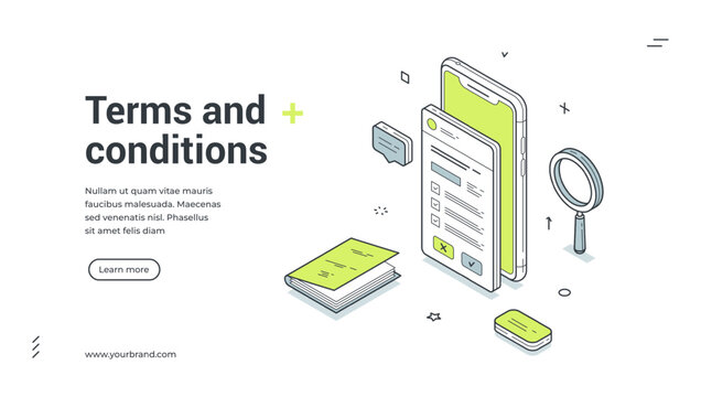 Isometric web banner for terms and conditions. Vector illustration template with smartphone and legal document. Modern landing page for user agreement, privacy policy and contract rules
