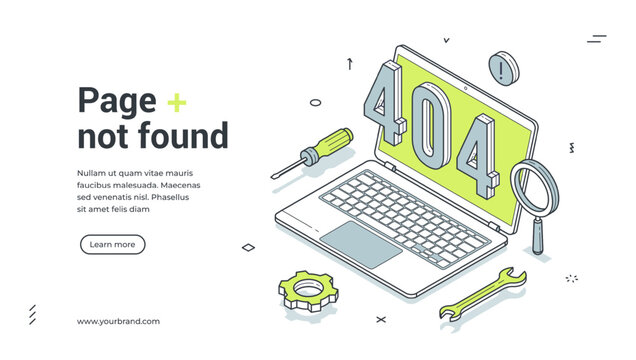 Isometric web banner for 404 error page not found. Vector illustration template with laptop and repair tools. Modern landing page for website under construction and technical support