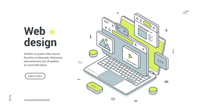 Web design and development isometric banner. Vector illustration template with laptop for creating a modern responsive landing page. User interface and creative process concept