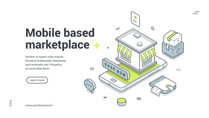 Web banner template for a mobile marketplace. Isometric vector illustration of online shopping and e-commerce. Modern design with smartphone, store for a landing page or website promotion