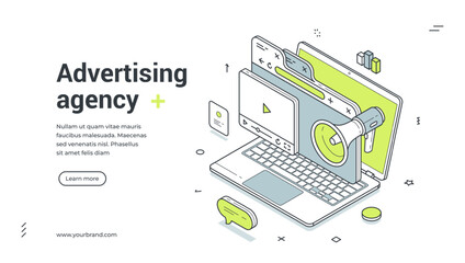 Web banner template for a digital advertising agency. Isometric vector illustration of online marketing and promotion with laptop and megaphone. Modern design for a landing page or website