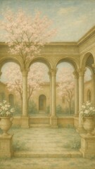 Fototapeta premium Serene classical courtyard illustration.