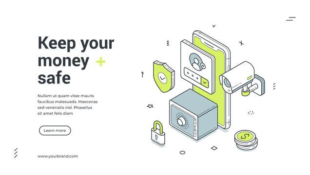 Web banner for financial security. Isometric vector illustration template for money safety and online banking. Modern design with smartphone, safe, camera for a landing page or app promotion