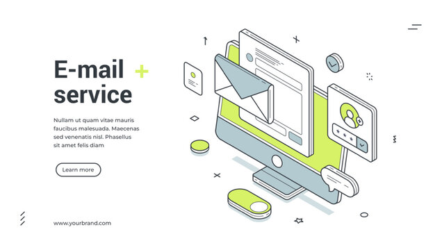 Web banner for e-mail service. Isometric vector illustration template for digital marketing. Modern design with computer, envelope, message for online communication and newsletter