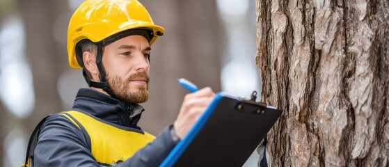 Professional environmentalist takes notes on tree health and forest conditions while working in nature