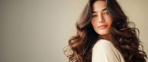 1970s long wavy brunette hair studio portrait with soft beige backdrop