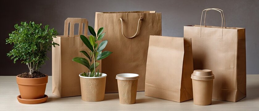 Eco-friendly paper packaging for food and drink with leaves on a beige background ideal for sustainable branding concepts