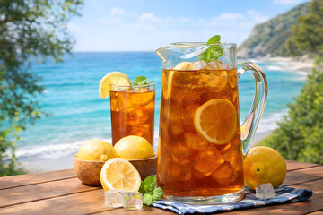 A refreshing pitcher of iced tea with lemons and mint on a wooden table overlooking the ocean