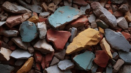 A close up texture of colorful broken construction debris fragments