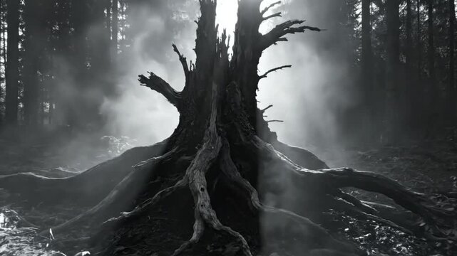 Spooky black and white forest scene with dead tree stump amidst thick fog and sunlight streaming through the canopy