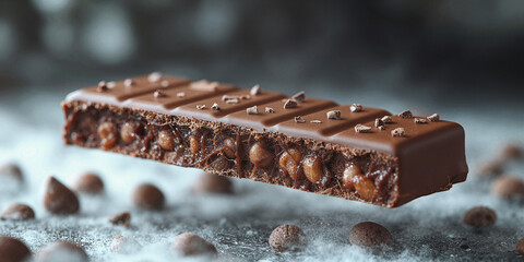 Chocolate bar with nuts and caramel filling levitating over a dark surface dusted with powder