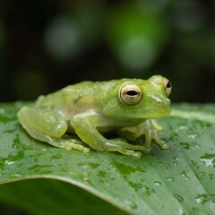 Fototapeta premium Extreme close-up of glass frog on tropical leaf displaying semi-transparent skin. Cloud forest setting with soft light. For biology education and nature content.