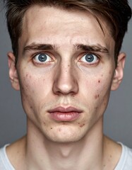 Obraz premium Portrait with acne and tired expression. Ideal for skincare, dermatology, or mental health visuals.