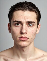 Fototapeta premium Close-up of a young person with visible acne on the face. Red blemishes and inflamed spots concentrated on forehead, cheeks, chin, and neck. Relevant for dermatology, skincare, and adolescent health.