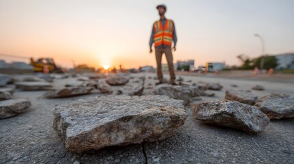 A construction worker in a high visibility vest stands on a damaged road with broken concrete debris at sunrise