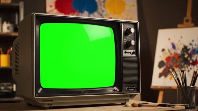 Vintage television with tv green screen on a desk in an artistic studio