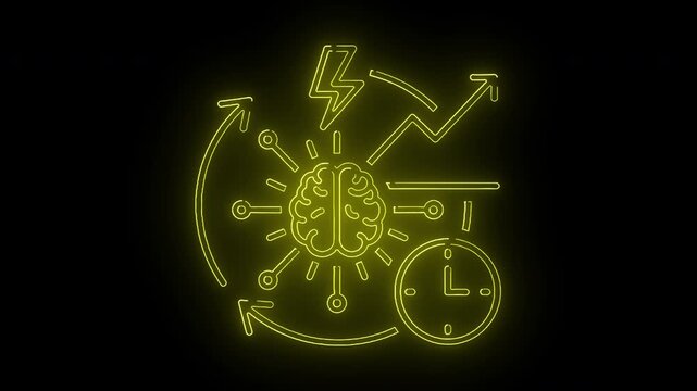 Neon green illustration of a brain with clock and arrows on a black background with a glowing effect.