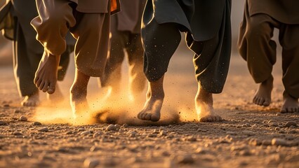 A group of people walking barefoot together