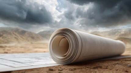 A rolled architectural blueprint rests on dry dusty ground with barren mountains and a dramatic stormy sky overhead