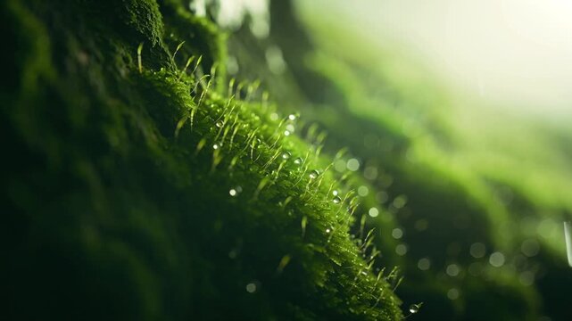 4K close-up video of a lush green moss wall morning sunlight filtering dew drops glistening moss fibers mist drifting micro movement moss alive, natural texture details, high-resolution, cinematic