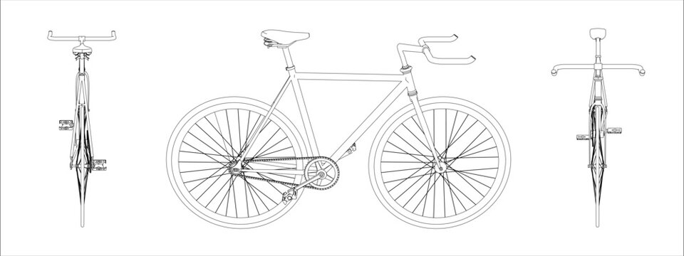 Fixed Gear Bicycle Profile Side View Technical Drawing Blueprint Illustration