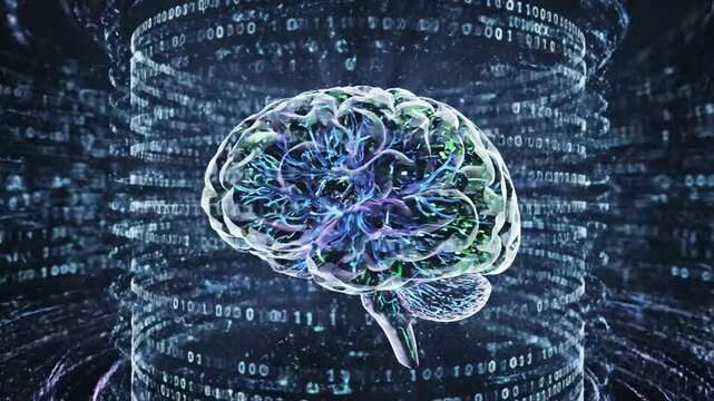 Digital Brain Illustration with Code Background.