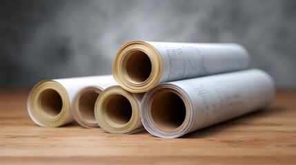 Rolled architectural blueprints and technical drawings stacked on a wooden table symbolizing planning and design