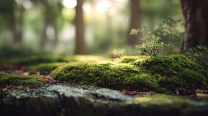 Enchanting moss garden on stone, illuminated by soft sunlight in woodland