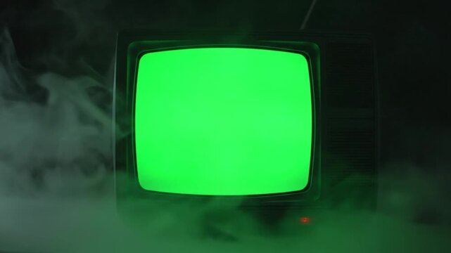 A vintage television displaying a bright green tv green screen with fog and smoke in the background.