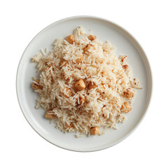 Rice Dish Served on a White Plate With Green Garnish at a Kitchen Table in Daytime Light