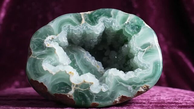 Mesmerizing close up view of a stunning green agate geode with crystal interior showcased on luxurious fabric