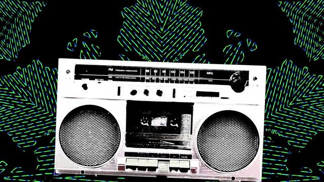 A classic 1980's era boom box cassette tape player, edited with black and white filtered effects and set against a colorful kaleidoscope background with guitar player silhouettes.
