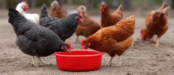Chickens eating from a red plastic water bowl on a farm with many other chickens in the background during daytime