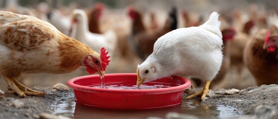 Chickens drink water from a red plastic bowl on a chicken farm with many birds around during daylight