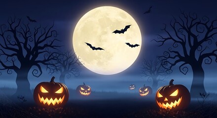 Fototapeta premium Carved jack-o'-lanterns glow menacingly beneath a giant, bright full moon on a dark, foggy Halloween night.