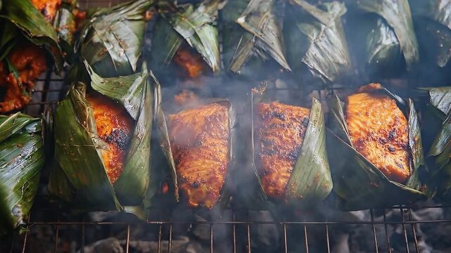 Grilled Fish Wrapped in Banana Leaves with Smoky Aroma, Perfect for Outdoor Cooking and Summer Gatherings