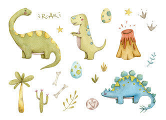 Set of cute watercolor illustrations of prehistoric dinosaurs, volcano, egg, palm trees, footprints and plants isolated on the background. High quality illustration © Olena Yevsikova