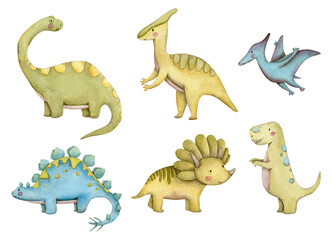 Set of cute watercolor illustrations of prehistoric dinosaurs - 6 types of dinosaurs in green, blue and yellow. High quality illustration © Olena Yevsikova