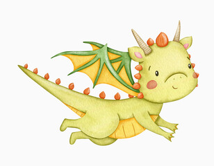 Fototapeta premium Cute watercolor green dragon with red spikes, horns and tail flying in the air. Children's illustration for invitations and baby showers