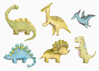 Set of cute watercolor illustrations of prehistoric dinosaurs - 6 types of dinosaurs in green, blue and yellow. © Olena Yevsikova
