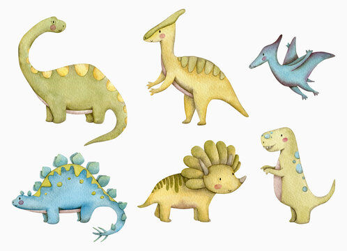 Set of cute watercolor illustrations of prehistoric dinosaurs - 6 types of dinosaurs in green, blue and yellow.