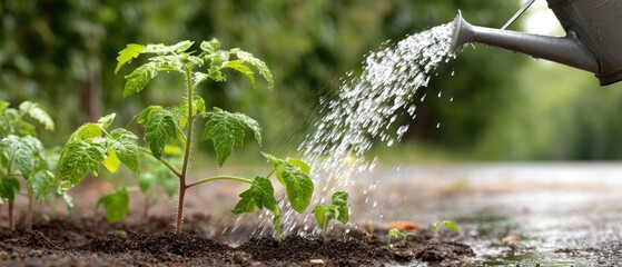 Watering tomato seedlings with a watering can in the garden during springtime captures the essence of nurturing new growth in a home garden