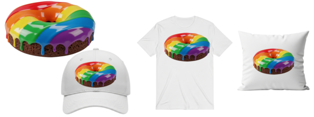 Rainbow Donut Mockup Set – Colorful Donut on Hat, T‑Shirt & Pillow – Fun Sweet Dessert Graphic